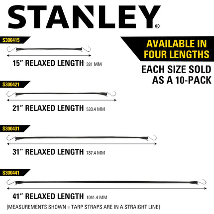 STANLEY S300441 Black 41" All-Weather Rubber Bungee Cords with S-Hooks for Securing Tarps, Flatbed Hauler and Boat Covers, Storage, and Cargo, 10 Pack