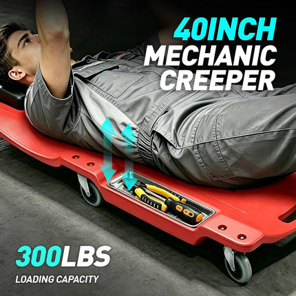 DNA MOTORING 40 Inch Low Profile Plastic Rolling Garage Shop Floor Creeper with LED Light, Padded Headrest, Dual Tool Trays, Casters, Red, TOOLS-00389