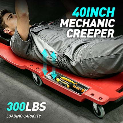 DNA MOTORING 40 Inch Low Profile Plastic Rolling Garage Shop Floor Creeper with LED Light, Padded Headrest, Dual Tool Trays, Casters, Red, TOOLS-00389