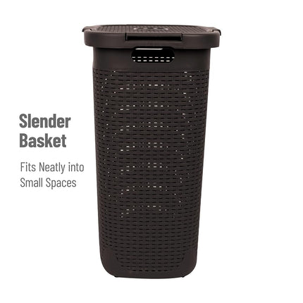 Mind Reader Basket Collection, Slim Laundry Hamper, 60 Liter (15kg/33lbs) Capacity, Cut Out Handles, Attached Hinged Lid, Ventilated, 17.65"L x 13.75"W x 24.15"H, Brown