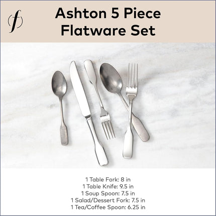 Fortessa Ashton Antiqued Flatware 5 Piece Place Setting, Stainless Steel