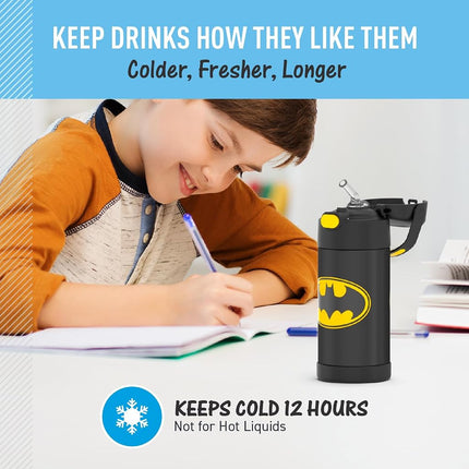 THERMOS FUNTAINER 12 Ounce Stainless Steel Vacuum Insulated Kids Straw Bottle, Batman