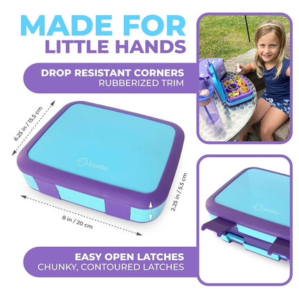 kinsho Bento Lunch Box for Kids Toddlers, 4 Portion Sections Secure Lid, Microwave Safe BPA Free Removable Tray, Pre-School Kid Daycare Lunches Snack Container Ages 3 to 5 Blue Purple