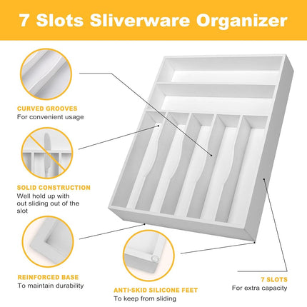 oridom Kitchen Bamboo Silverware Organizer, Kitchen Drawer Organizer - Utensil Holder and Cutlery Tray with Grooved Drawer Dividers for Flatware 7 Slot, White