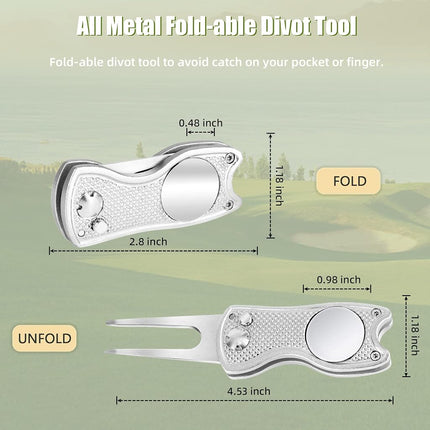 Mile High Life 4 Pieces Golf Divot Repair Tool w Magnetic Golf Ball Marker | All Metal Foldable Divot Tool w Pop-up Button | Golf Club Holder | Golf Accessories for Men (2 Black,2 Silver)