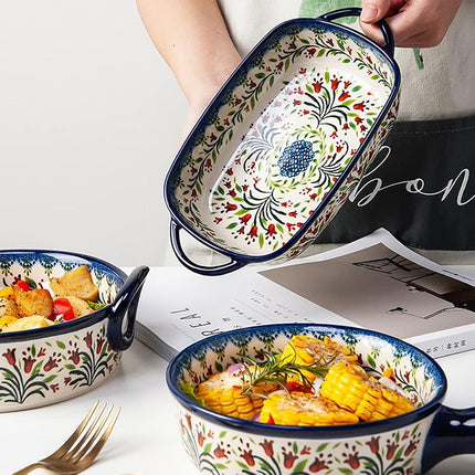 Bicuzat Vintage Style Tulip Flower Pattern Ceramic Bakeware Casserole Dish Baking Pan Lasagna Pans Baking Dish with Handles for Oven/Cooking/Kitchen-1 PCS-22 OZ