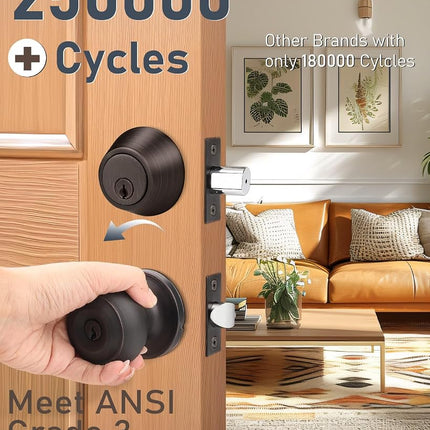 Brotima 4 Pack Keyed Alike Front Door Knob and Deadbolt Set, Entry Door Locksets with Single Cylinder Deadbolt, Oil Rubbed Bronze Flat Round Door Lock Set for Bedroom/Office/Exterior Doors