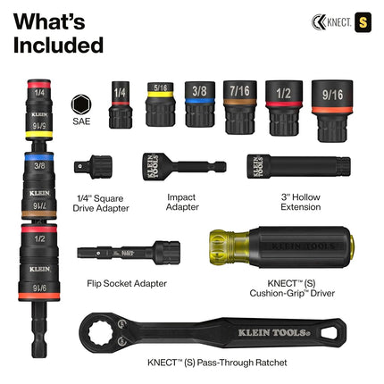 Klein Tools 65301KNECT Impact Socket Set, KNECT (S) 23-Piece SAE Pass-Through and Flip Socket Tool Set, Impact Driver Adapter, MODbox Tool Organization