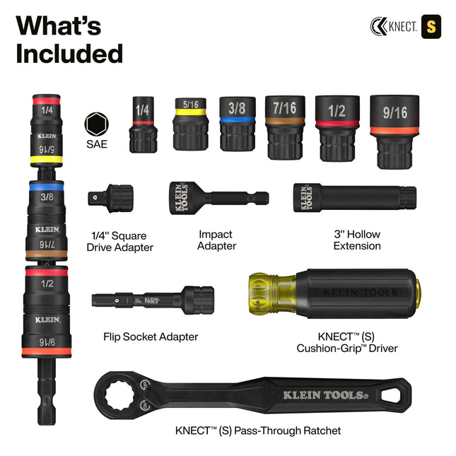 Klein Tools 65301KNECT Impact Socket Set, KNECT (S) 23-Piece SAE Pass-Through and Flip Socket Tool Set, Impact Driver Adapter, MODbox Tool Organization