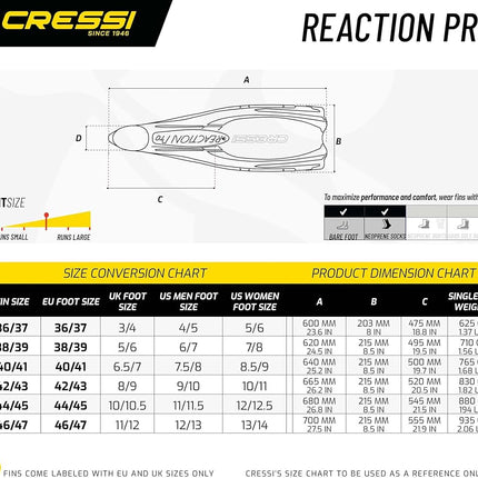 Cressi Reaction Pro Fins - Diving and Snorkelling Flippers Fins, Adult Unisex