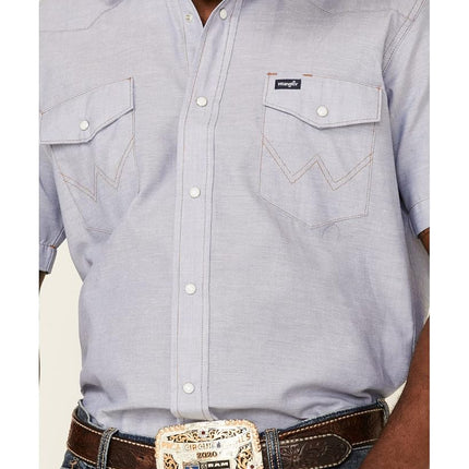 Wrangler Men's Cowboy Cut Western Two Pocket Short Sleeve Snap Work Shirt, Chambray, Medium
