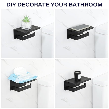 Alise Black Toilet Paper Holder with Shelf SUS304 Stainless Steel Adhesive Toilet Paper Roll Holder Bathroom Tissue Holder Storage Dispenser,Self Adhesive or Wall Mount Drilling