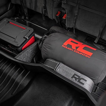 Almacenamiento personalizado bajo el asiento Rough Country para Chevy Silverado 1500 (2014-2018) y 2500HD/3500HD (2015-2019) - Almacenamiento plateado para camiones, termoplástico antideslizante