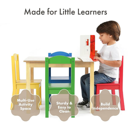 Humble Crew Kids Wooden Table and 4 Chairs Set for Children and Toddlers - Square Activity Table & Chair Set for Arts, Crafts and Snack Time - Natrual Wood/Red/Green/Blue/Yellow