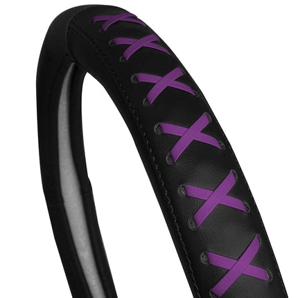 FH Group FH2022 Universal 15 Inch Purple Genuine Leather Steering Wheel Cover with Lace-Up Detailing