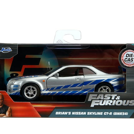 Jada JA97184 1:32 Brian's 1999 Nissan Skyline GT-R (R34) -Silver/Blue, Gris/Bleu