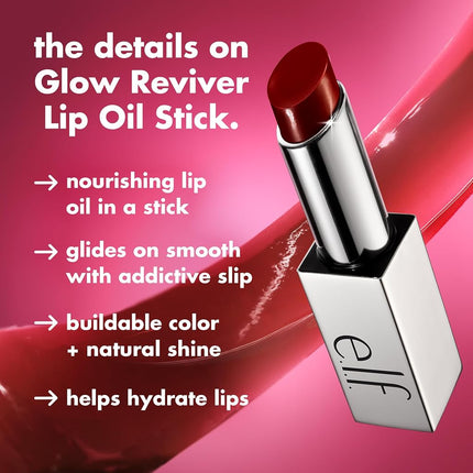 e.l.f. Glow Reviver Slipstick, Tinted Lip Oil Stick, Non-Sticky & Hydrating For A Soft-Shine Finish, Vegan & Cruelty-Free, Cherry on Top