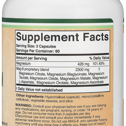 Magnesium Complex Supplement 180 Capsules (436mg Elemental Magnesium Provided by 2,300mg of Eight Different Forms of Magnesium)