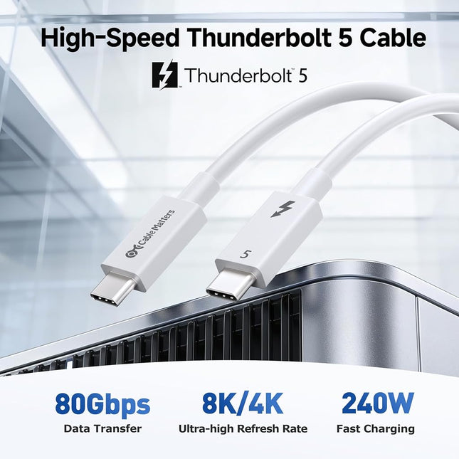 Cable Matters [Intel Certified] 80Gbps Thunderbolt 5 cable with up to 120Gbps bandwidth boost and 240W charging in white - 1m/3.3ft, compatible with Thunderbolt 4, USB 4 and USB-C