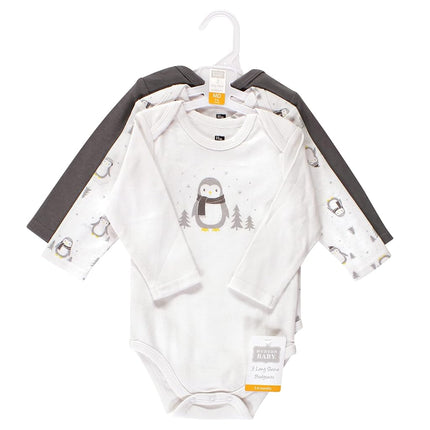 Hudson Baby pañaleros de manga larga de algodón para bebés, paquete de 3, pingüino gris, 0-3 meses