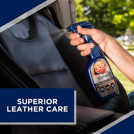 303® Automotive Leather 3-in-1 Complete Care Spray, conditions leather to prevent cracking and fading, strong UV protection, safe for all finished leather and vinyl (30218) 473 ml