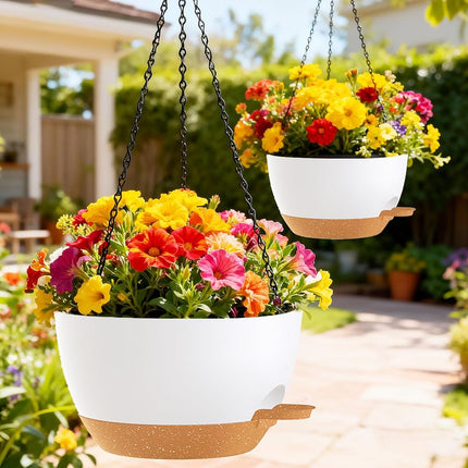 SQKH 10 Inch Hanging Baskets 2 PC with Chains, Self-Watering Hanging Planters for Indoor Outdoor Plants, Plastic Hanging Flower Pots,White Brown