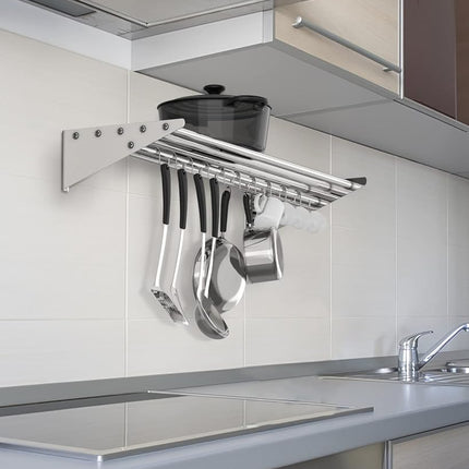 Takywep Stainless Steel Hanging Rack for Kitchen Storage and Organization, [NSF Certified] 12" W*24" L shelf with 10 S Hooks for Hanging Pots, Pans in Home Kitchen, Restaurant & Hotel