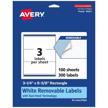 Etiquetas rectangulares removibles Avery blancas mate con tecnología Sure Feed, 3-1/4" x 8-3/8", 300 etiquetas removibles, etiquetas imprimibles con láser/inyección de tinta