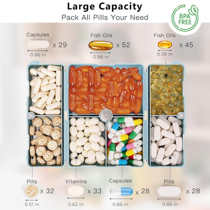 FYY Daily Pill Organizer,2 Pcs 7 Compartments Portable Pill Case Travel Pill Organizer,[Folding Design] Pill Box for Purse Pocket to Hold Vitamins,Cod Liver Oil,Supplements and Medication-Blue Clear