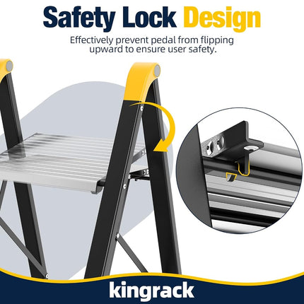 KINGRACK 2 Step Ladder, Wide Anti-Slip Aluminium Pedal, 330 lbs Load Black
