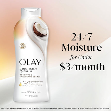 Jabón Corporal Olay Ultra Humectación Coconut Oasis, para una Piel Suave y de Aspecto Saludable, Sin Parabenos, 2.6 L en Total (4 unidades de 650 ml cada una)