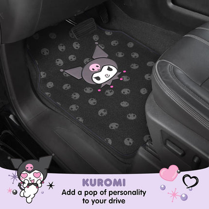 Hello Kitty Kuromi Car Seat Covers - Cute Black and Purple Front Seat Covers with 4PC Carpet Car Floor Mats - Universal Fit for Cars, SUVs & Trucks - Black with Kuromi Print & Purple, Pink Accents