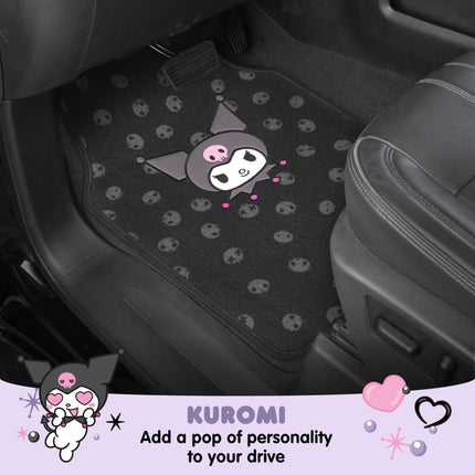 Hello Kitty Kuromi Car Seat Covers - Cute Black and Purple Front Seat Covers with 4PC Carpet Car Floor Mats - Universal Fit for Cars, SUVs & Trucks - Black with Kuromi Print & Purple, Pink Accents