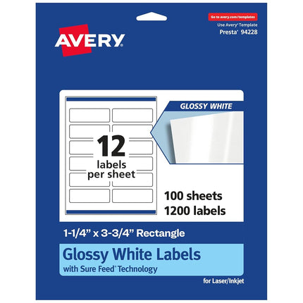 Avery Glossy White Rectangle Labels with Sure Feed, 1.25" x 3.75", 1,200 Glossy White Labels, Print-to-The-Edge, Permanent Label Adhesive, Laser/Inkjet Printable Labels