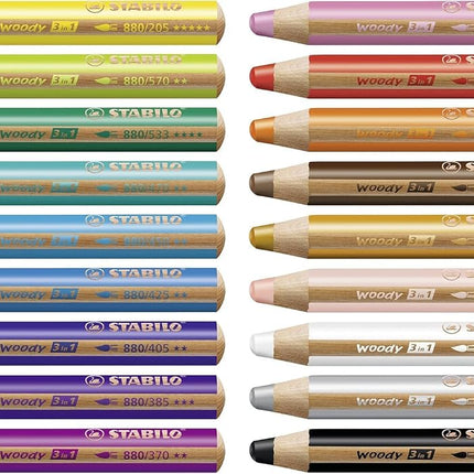 STABILO Multi-Talented Pencil woody 3 in 1 - Pack of 18 - Assorted Colors with Sharpener and Paint Brush
