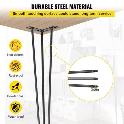 VEVOR Hairpin Table Legs 30" Black Set of 4 Desk Legs 880lbs Total Load Capacity Hairpin Desk Legs 3 Rods for Bench Desk Dining End Table Chairs Carbon Steel DIY Heavy Duty Furniture Legs