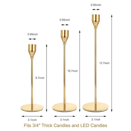Gold Candle Holders for Taper Candles Set of 3，Metal Decorative Candlestick Holders for Table Mantel Centerpiece for Wedding, Dinning, Party, Anniversary，Fits 3/4 Inch Thick Candle