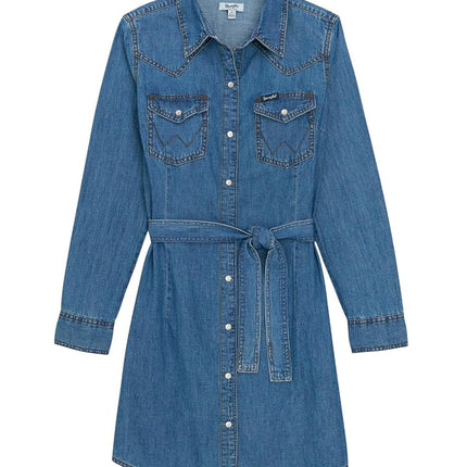 Wrangler Women's Long Sleeve Western Shirt Dress Casual, Mid Denim, X-Large