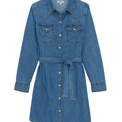 Wrangler Women's Retro Long Sleeve Western Snap Dress Casual, Mid Denim, Large