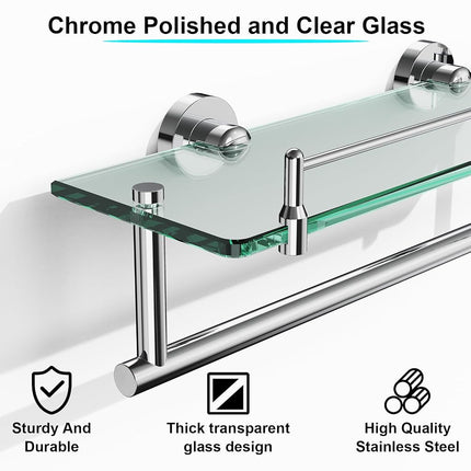 KOCOK 16-Inch Floating Tempered Glass Bathroom Shelf with Towel Bar - Chrome Polished & Stainless Steel, Wall Mount