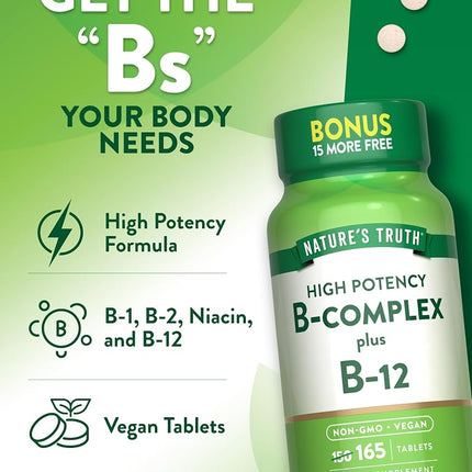 Vitamin B Complex | Plus B12 | 165 Tablets | Vegetarian, Non-GMO & Gluten Free | by Nature's Truth