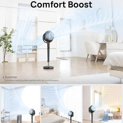 Dreo Fan for Bedroom, 120� Oscillating Standing Fans, Quiet Floor Fan with DC Motor, 100ft Pedestal Fans for Room, 9 Speeds, 4 modes, 20dB, 120� Manual Vertical, 37-42" Adjustable Height, 9H Timer