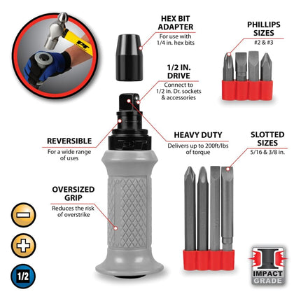 Performance Tool W2504 1/2-Inch Manual Reversible Impact Driver - Flathead 5/16 & 3/8 & Phillips #2 & #3 Bits for Most Common Applications - Disengage Brake Caliper Screws, Rusted Fasteners or Frozen