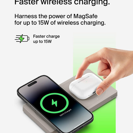 Belkin BoostCharge Pro 2-in-1 Wireless Charging Pad with MagSafe 15W, Fast Charging iPhone Charger Compatible with iPhone 15, 14, 13, and 12 Series, AirPods, and Other MagSafe Enabled Devices - Sand