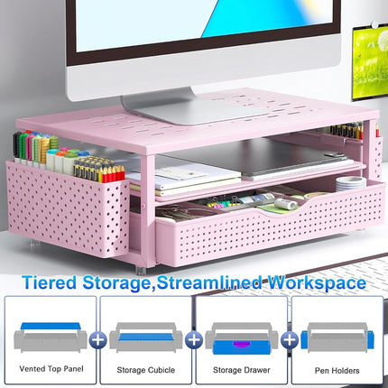 gianotter Monitor Stand with Drawer and Pen Holder, Desk Organizers and Accessories, 2-Tier Monitor Riser, Ideal for Office Supplies Desk Accessories(Pink), D-3-2