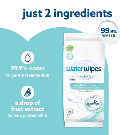 WaterWipes On The Go Wipes, 99.9% Water-Based Wipes for Travel, Sports, and to Refresh Skin, Unscented & Hypoallergenic, 224 Count (8 Packs)