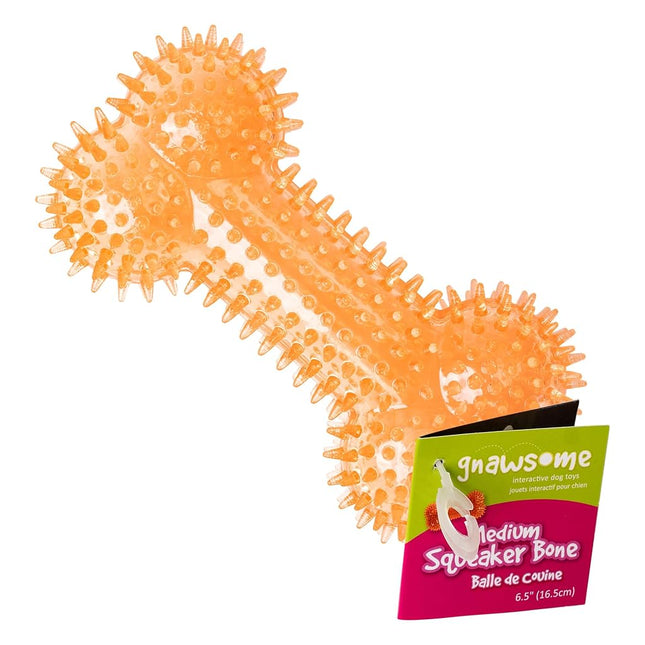 Gnawsome Dog Toys - 6.5” Spiky Squeaker Bone - Medium - Dental & Gum Wellness - Stimulating Fun - Hidden Squeaker - Durable for Heavy Chewers - 100% BPA-Free - Assorted Colors