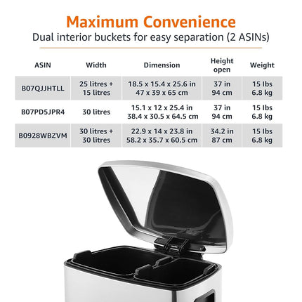 Amazon Basics Rectangular Dual Compartment Recycling Garbage Trash Can, Grey,Silver, 60 Liters