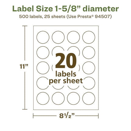 Avery EcoFriendly Matte White Recycled Round Labels, 1-5/8" Diameter, Print-to-The-Edge, Matte White Labels, Permanent Adhesive, Laser/Inkjet Printable, 500 Total