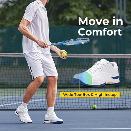 FitVille Men's Wide Tennis Shoes Comfortable Pickleball Shoes with Arch Support for Plantar Fasciitis Wide Feet White